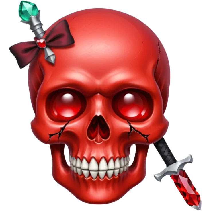 make me a red crystal skull partly see thew super gem like make it realistic and held together by a black bow and a small dager to the eye with cracks coming from it  emoji