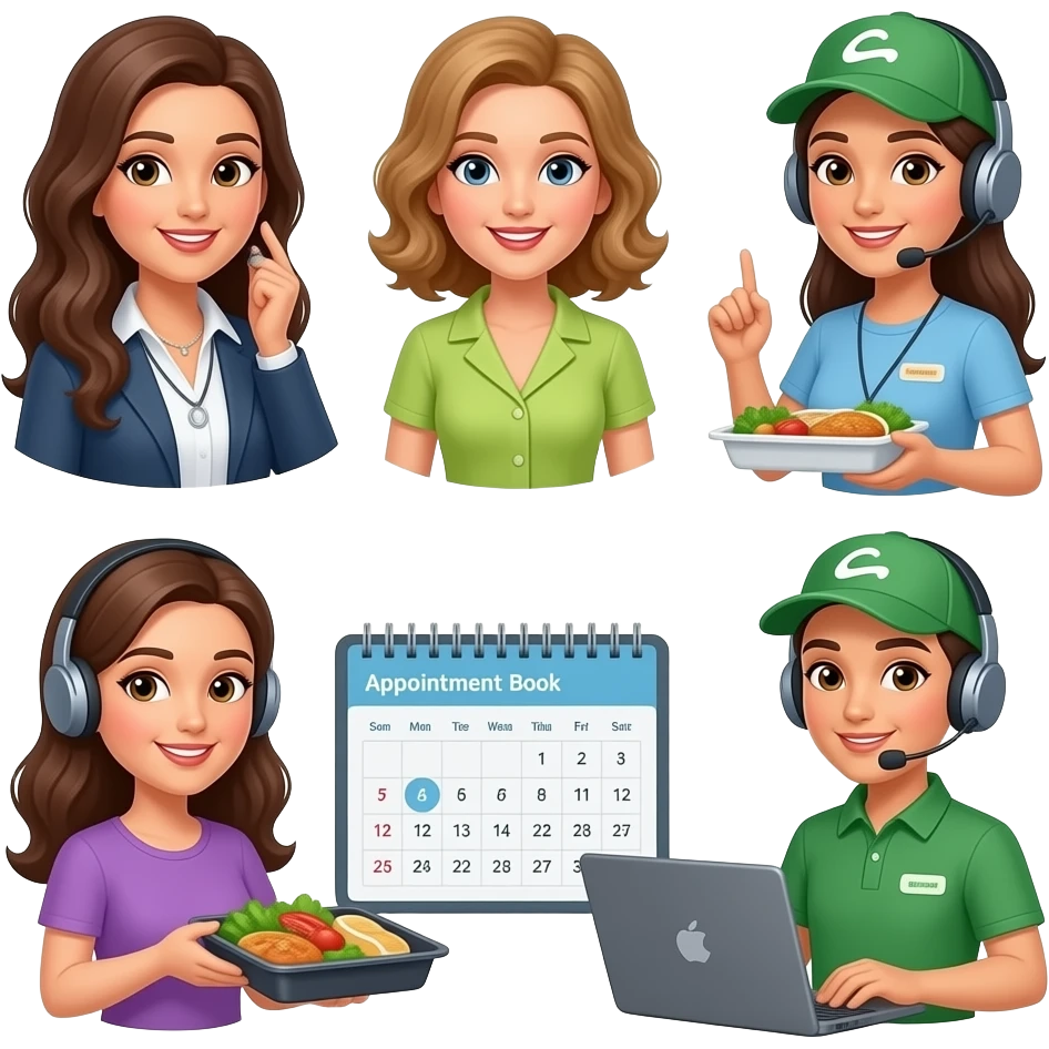 beauty consultation service, personal styling help, food delivery service, customer support, appointment booking, helping clients emoji