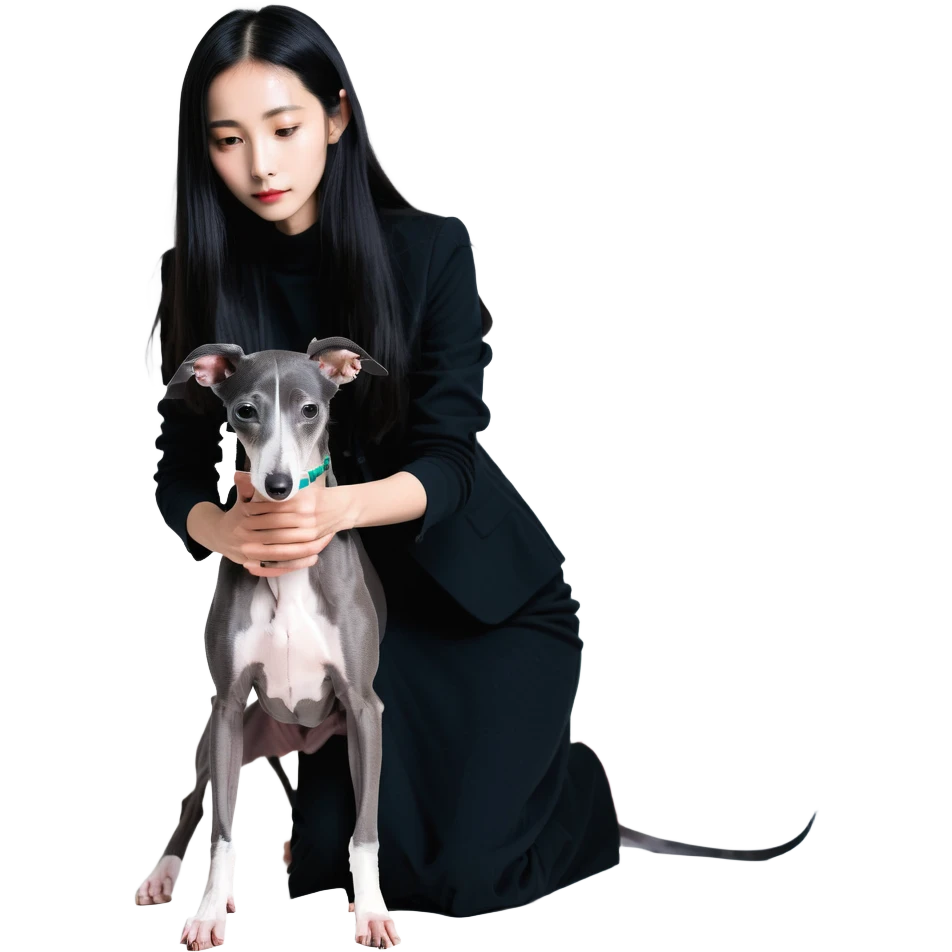 Slim Chinese girl with long black hair petting completely dark grey Italian greyhound with absolutely no white markings anywhere emoji