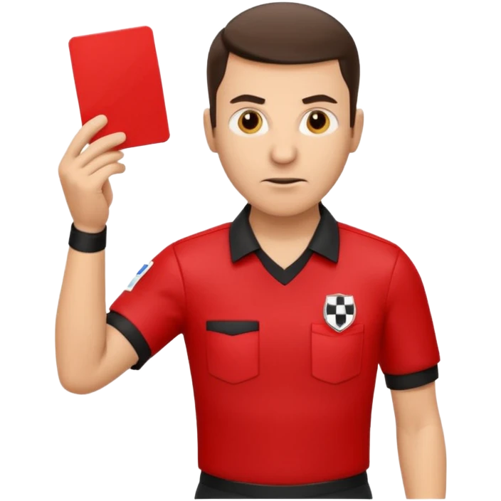 Изображение футбольного судьи, в руках которого красная карточка из футбола. Судья не улыбается emoji