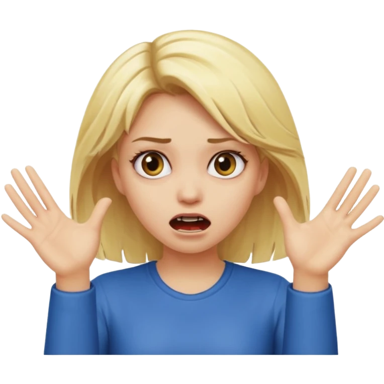 Girl with blonde hair making scary face with her hands up emoji