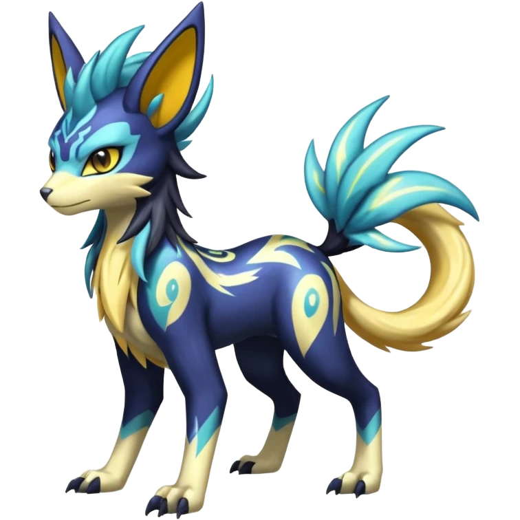 Shiny colorful exotic Feral Scaly Striking Slaying Badass Evil Handsome Lightning-patterned Zig-zagged buzzy fuzzy Meloetta-Renamon-Luxray-Cobalion-Suicune-Vernid-fusion-hybrid-creature, full body  emoji