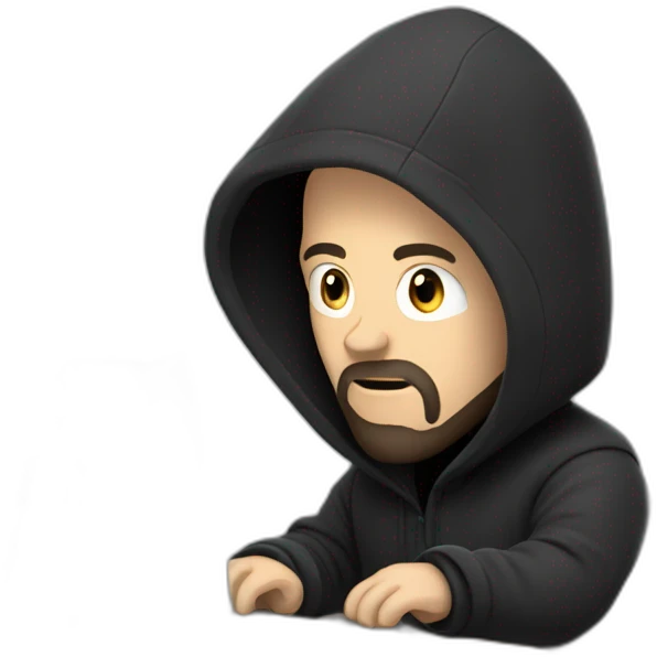 bald white man with a black beard typing on apple computer wearing a black hoodie emoji