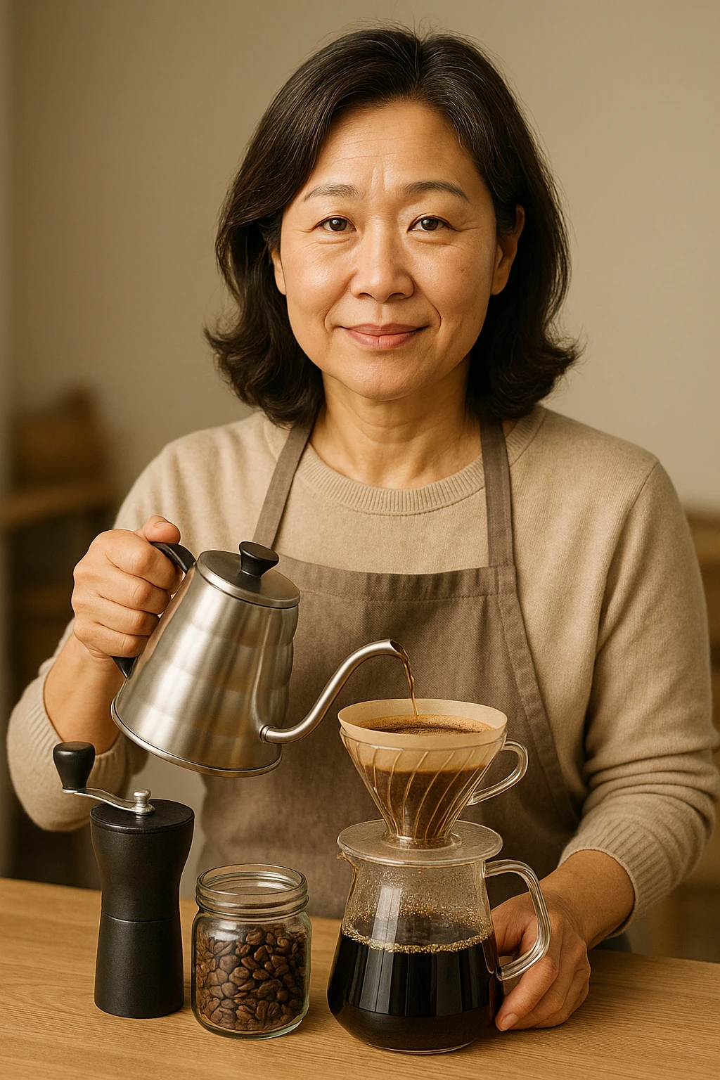 Upper body portrait of a 55-year-old typical Korean woman, specialty coffee enthusiast atmosphere, trustworthy expression emphasizing emotional empathy and information transparency, enjoying a professional coffee experience at home, natural hairstyle and neat clothing, warm and calm color tones, advertising mockup style emoji