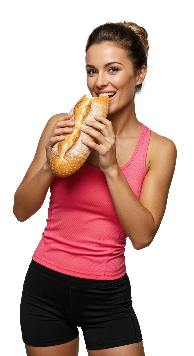 DONNA FITNESS ITALIANA CHE MANGIA PANE FELICE, IPERREALISTICA 4K, SENZA SFONDO emoji