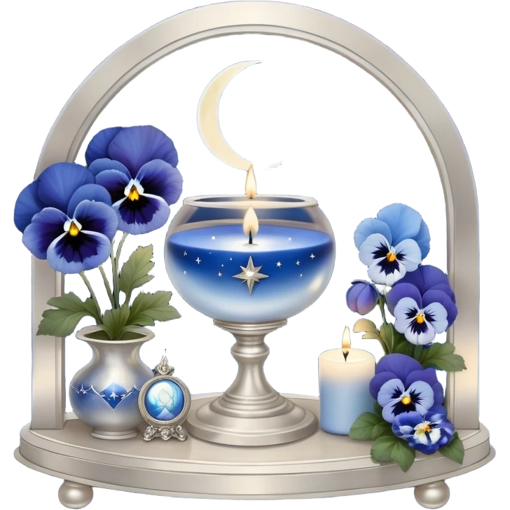 An enchanting night scene where deep blue and light blue pansies gently sway under the soft light of a silver crescent moon. A round, pearl-colored candle sits at the center of a sacred astrological altar, surrounded by silver-trimmed star charts and delicate planetary symbols glowing faintly in the twilight. Nearby, a beautifully crafted crystal sphere rests atop an ancient book of celestial wisdom, reflecting the constellations above. The sky is alive with swirling nebulae and zodiac glyphs, forming intricate cosmic patterns. A faint silver doorway, outlined by threads of lunar energy, shimmers in the background, hinting at hidden knowledge beyond the stars. emoji