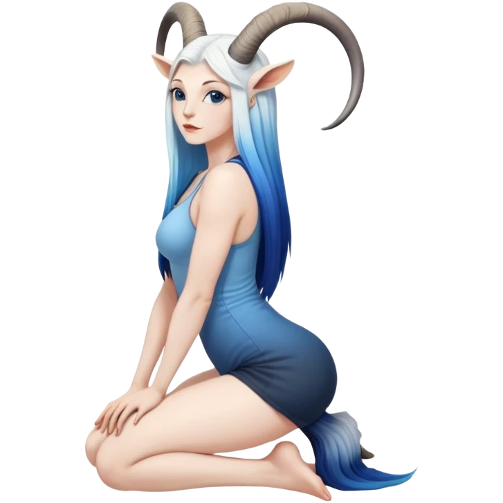 Art of a human white woman's very large perfect body scheme anatomy-very long straight black to blue hair ombre-small goat horns-lean back-on knees emoji