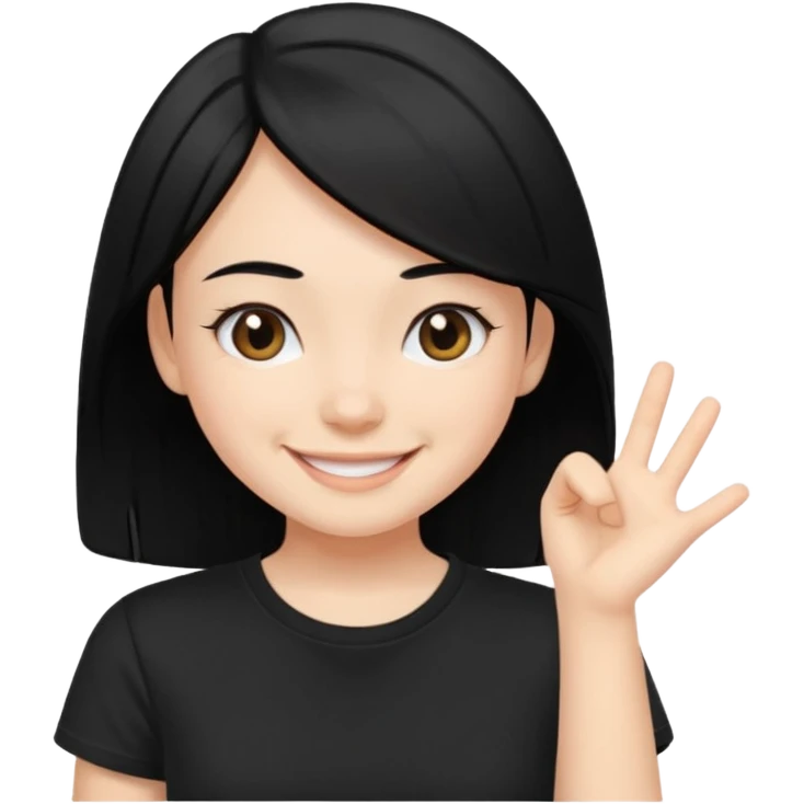 a pretty bratz fair girl with straight black hair, wearing a black tshirt, smiling emoji