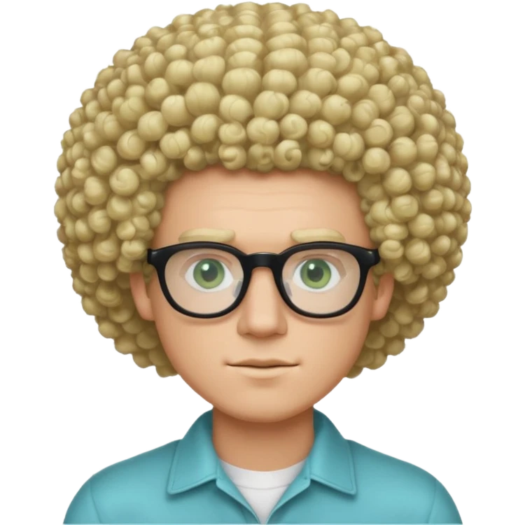 white guy with curly blonde afro and light blue ish green eyes with black glasses  emoji