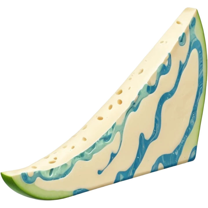 thick wedge of gorgonzola, creamy off-white with blue-green marbling, moist and slightly oozing at edges, natural beige rind, soft texture, bold tangy look, apple emoji style, soft lighting, subtle shadows, transparent background, emoji scale emoji