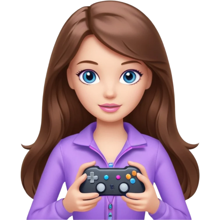 beautiful barbie girl with long brown hair, blue eyes and wearing light purple clothes playing console games with controller emoji