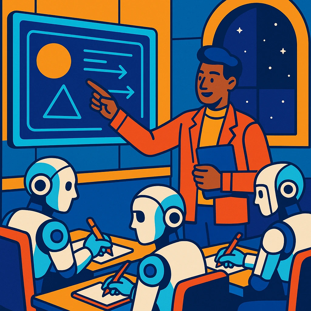 A futuristic classroom scene with a human teacher pointing at a holographic blackboard while androids take notes emoji