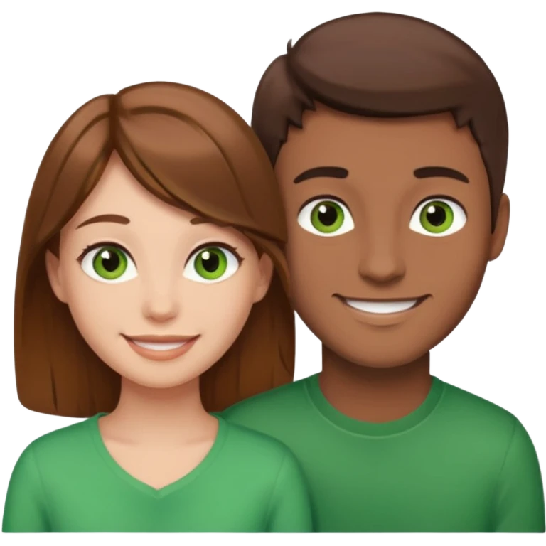 A boyfriend with light brown hair and green eyes next to his girlfriend with dark brown hair and dark brown eyes both are white emoji