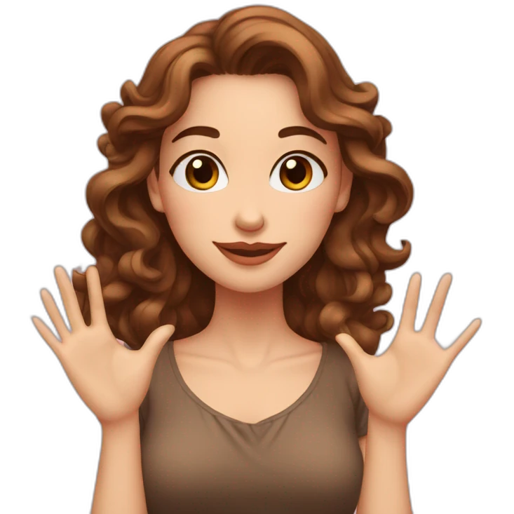 white beautiful woman, brown wavy hair, heart gesture by two hands, long earrings emoji