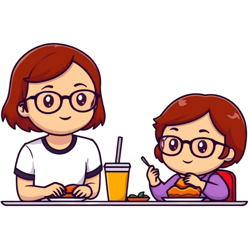 Brünettes Mädchen hellhäutig braune Augen, sitzend am Tisch mit Mama Rote kurze Haare und Brille und braune Augen am Essen  emoji
