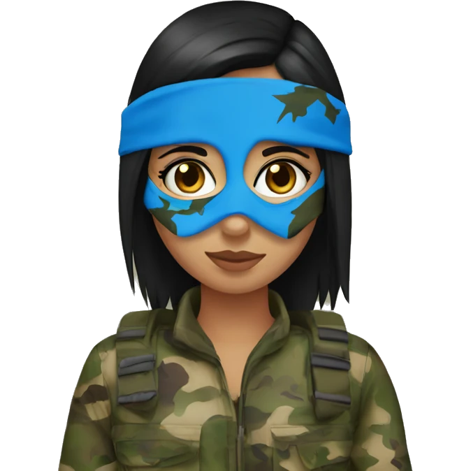 girl black straight hair blue eyes wearing camo hunting mask emoji