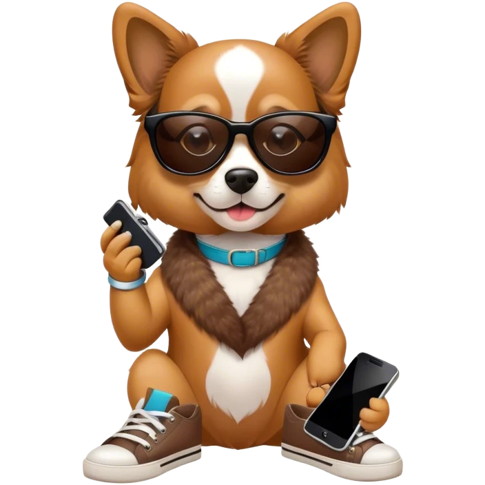 Dog wearing shoes with a phone and sunglasses emoji