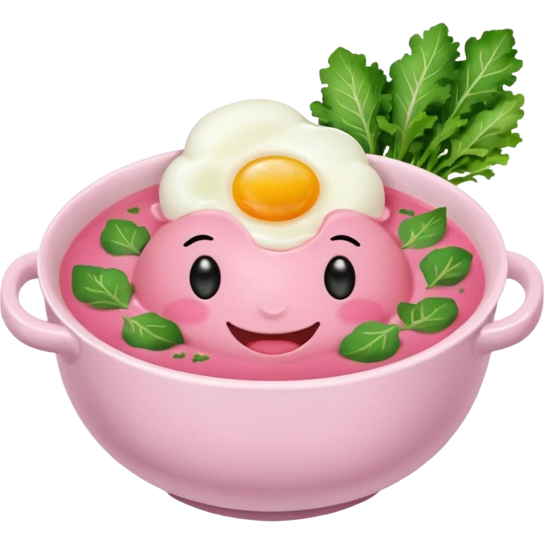 pink soup with egg and greens inside, boiled potatoes by its side, smiling face with blushing cheeks emoticon emoji