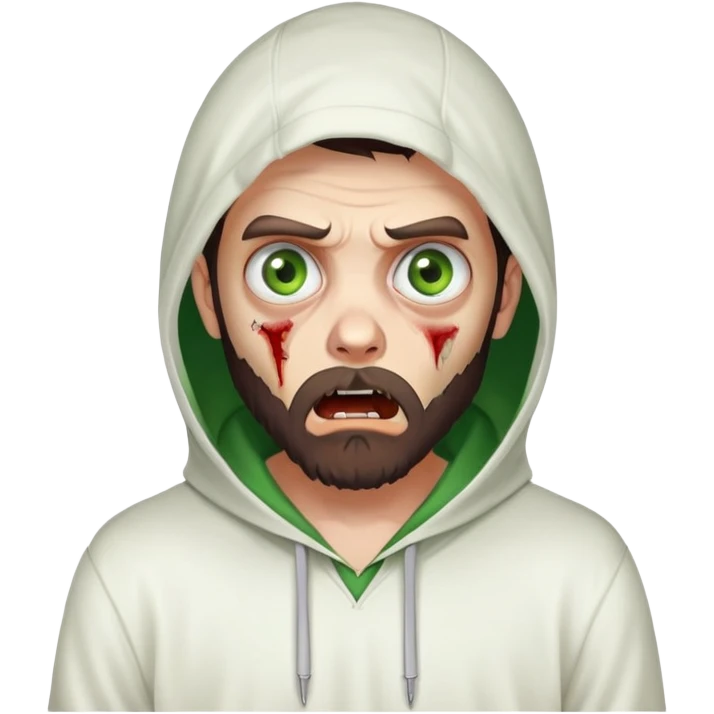 zombie with shocked expression, undercut hairstyle with dark brown hair, short full beard, heterochromia with one green eye and one brown eye, wearing plain white hoodie with hood up emoji