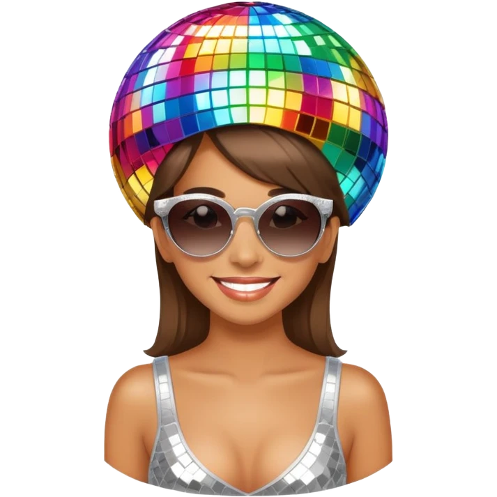 a smiling girl in sunglasses, disco ball on her head emoji