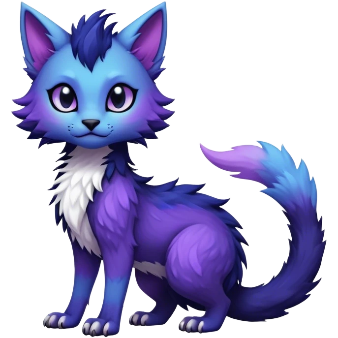 Kawaii dark black and blue and purple edgy fantasy ethereal feline-vernid-sergal-fursona animal creature with a tufted tail full body emoji