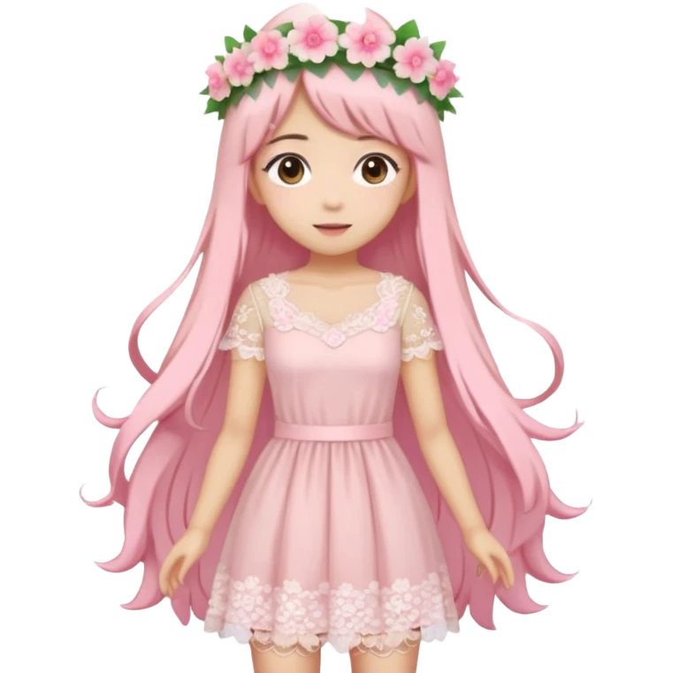 pastel anime woman with pink and white lace dress full body and long hair with flower crown emoji