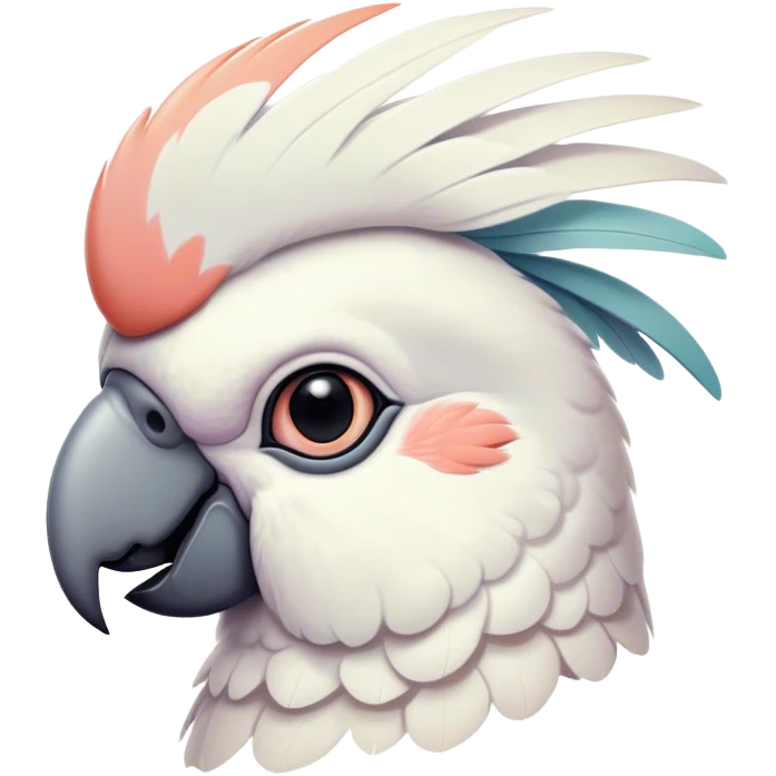Cinematic Noble Cockatoo Portrait Emoji, Poised and regal, with a striking, crest-adorned head of brilliant white and pastel hues, a robust, curved beak, and piercing, intelligent eyes, Simplified yet sharp and sophisticated features, highly detailed, glowing with a soft, tropical luminescence, high shine, intelligent and majestic, stylized with an air of avian elegance, focused and alert, soft glowing outline, capturing the essence of a watchful and confident cockatoo that appears ready to unfurl its crest out of the screen with effortless authority! emoji