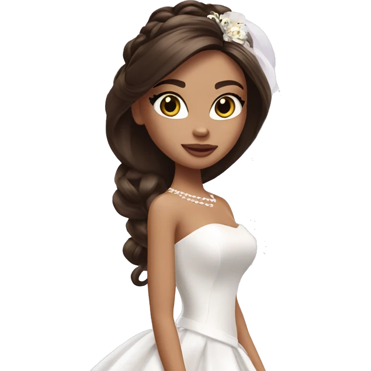 Bratz, bride, brunette half up half down hair, white skin, brown almond cat eyes emoji