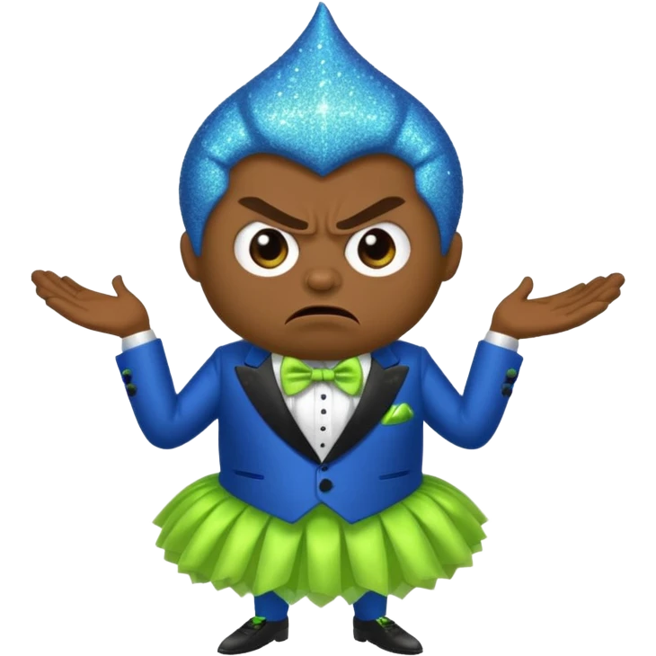 Angry blue banana fruit wearing a sparkly lime green tuxedo and tutu emoji