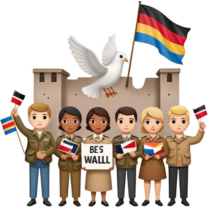 people holding protest signs with the Berlin Wall in the background, peace dove, East and West Germany flags, 1950s and 60s emoji