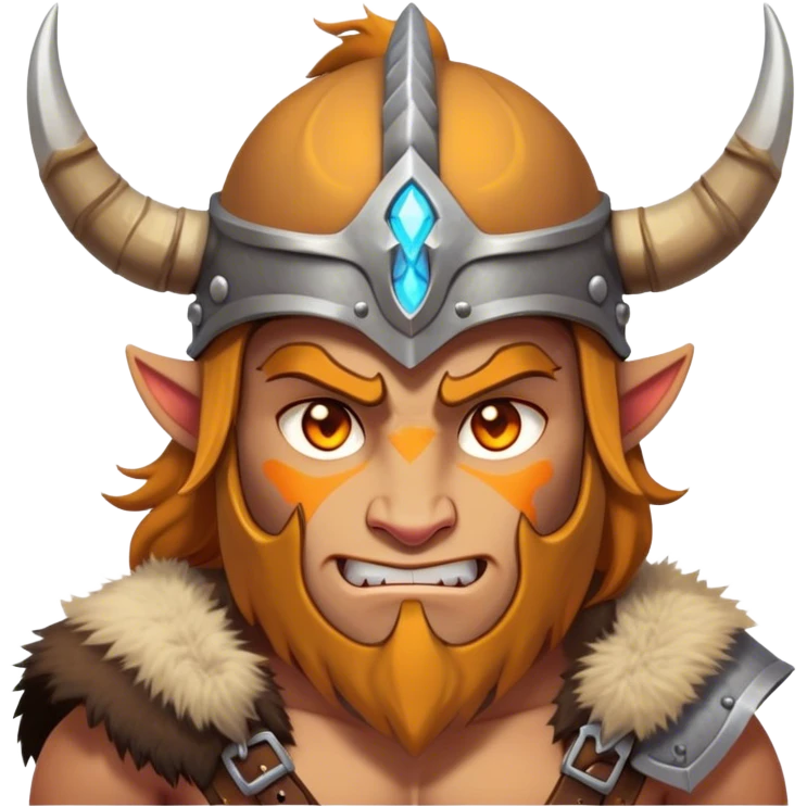 Clash of Clans aesthetic: Cinematic Fierce Barbarian Portrait Emoji, Poised and bold with a rugged yet cartoonish build in tattered furs and a horned helmet, his exposed skin a rich tan, expressive bright eyes and a confident smirk, Simplified yet dynamic features, highly detailed, glowing with a vivid, adventurous aura, high shine, heroic and spirited, stylized with an air of medieval warrior charm, focused and energetic, soft glowing outline, capturing the essence of a fearless barbarian adventurer ready to lead his clan with spirited valor! emoji