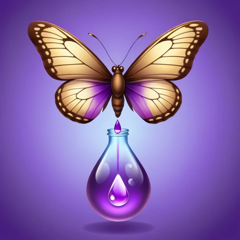 Small brown bottle floating with dim light, with a purple drop suspended in the air, slowly spinning in front of a luminous butterfly representing the thyroid emoji