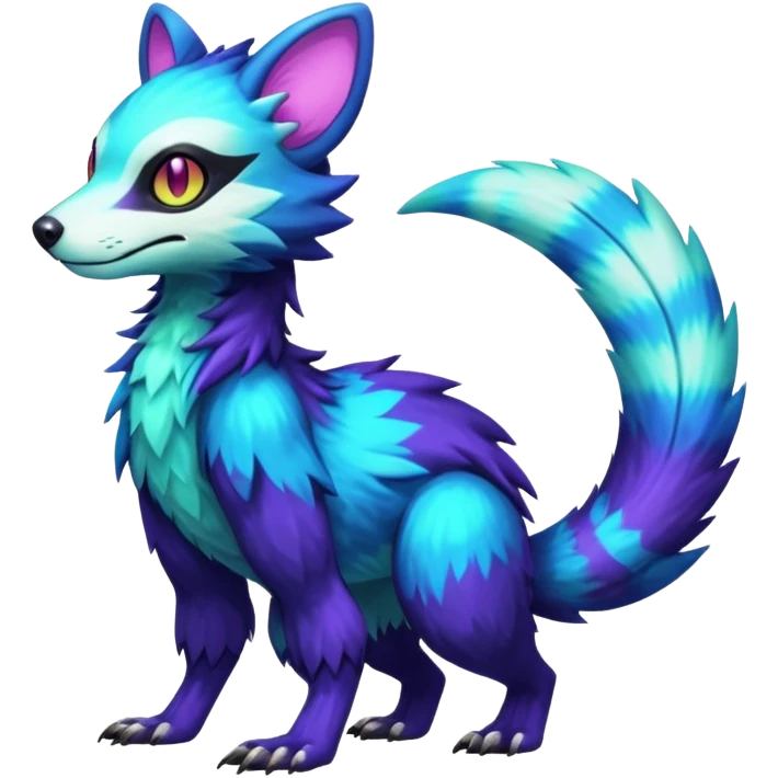 Colorful translucent luminescent neon-glowing Trico-Sergal-Furret-Ferret-Wolverine-Vernid-furry-fursona-fusion-Fakemon-animal-hybrid-creature, full body emoji