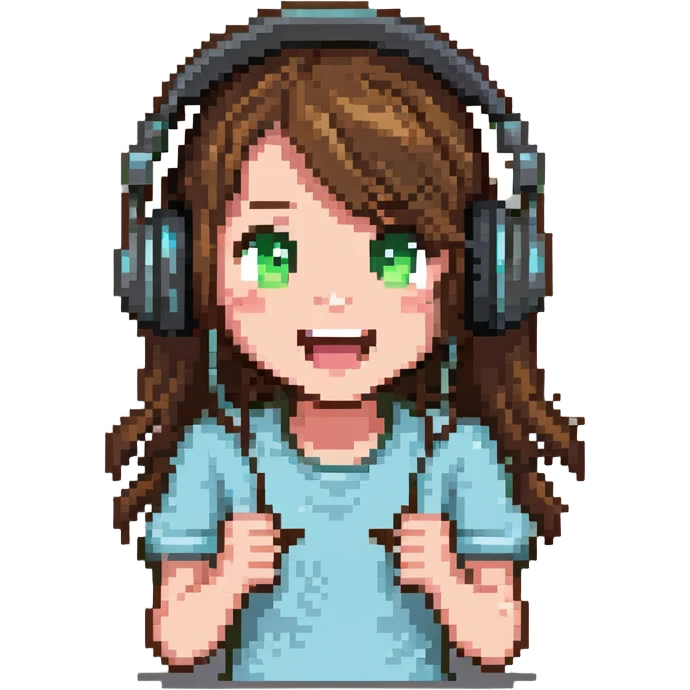 brown-haired gamer girl, excited expression, headphones, head only, emote emoji