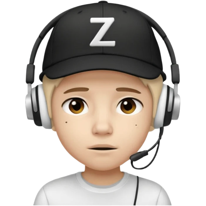 Adolescente com fone branco no ouvido é um boné preto, com uma carinha de sono e uns z z z emoji