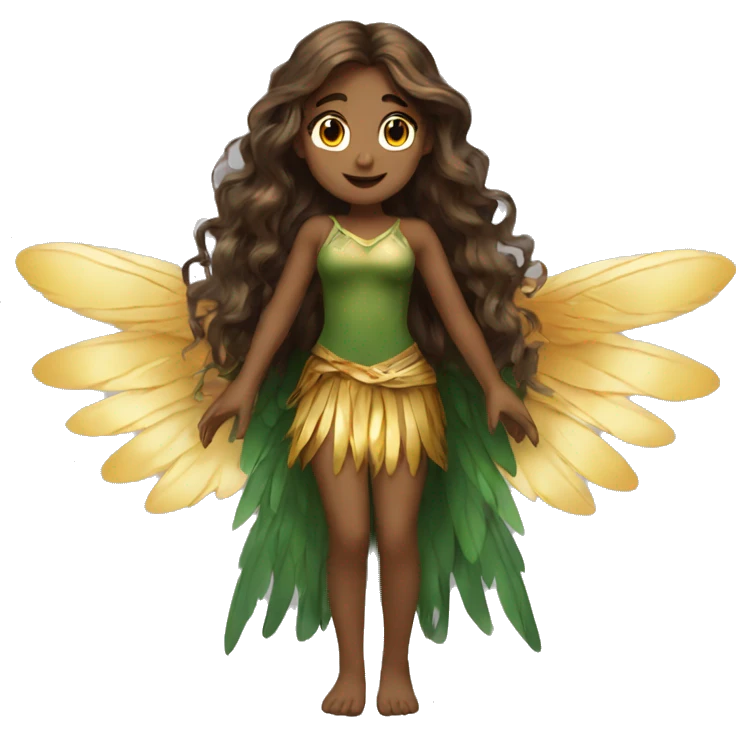 big wings, Beautiful, fairy, gold, brown, dark green, green, long hair emoji