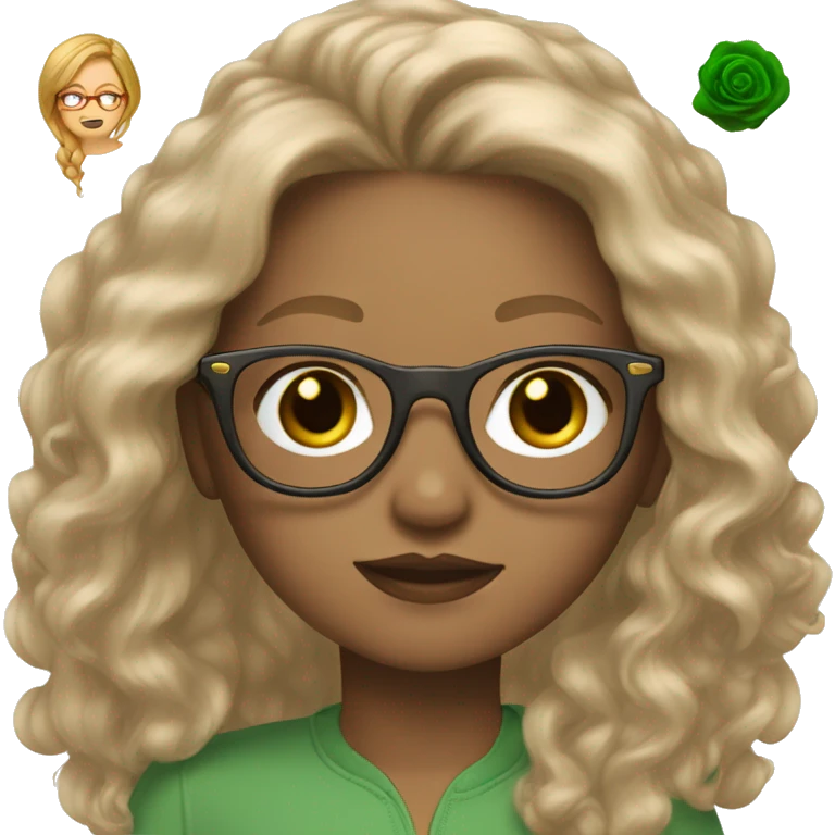A girl with green eyes, dark blonde Long Hair, round Rosegold glasses, Long lashes, light skintone,  emoji
