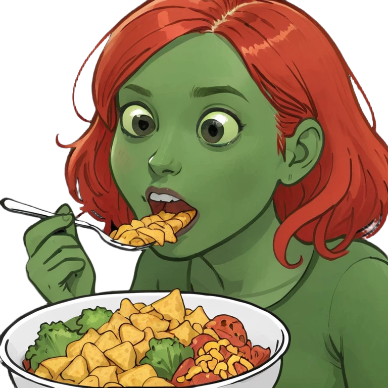 girl with red hair eating a lot of food emoji