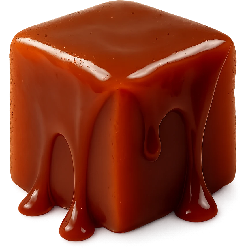 realistic cube-shaped caramel toffee piece, glossy, slightly darker caramel, with drops of caramel dripping off, no face, no cartoon or drawn style emoji