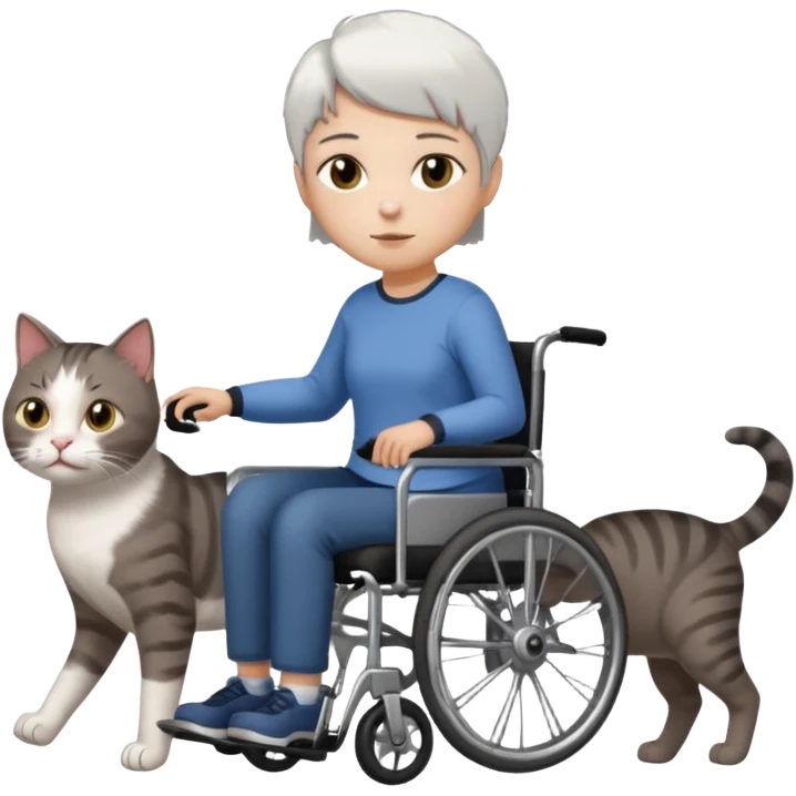 full body small short hair dark brown and white cat with hazel eyes walking in a wheelchair for cats emoji