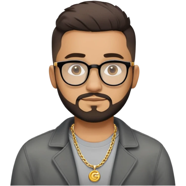 Hombre latino piel marron claro, cara estirada ovalada, gafas redondas oscuras, barba corta, pelo muy corto fade a los lados medio risado. Sonrisa leve, expresión tranquila. Camiseta gris, jacket negro abierto, collar G dorado emoji