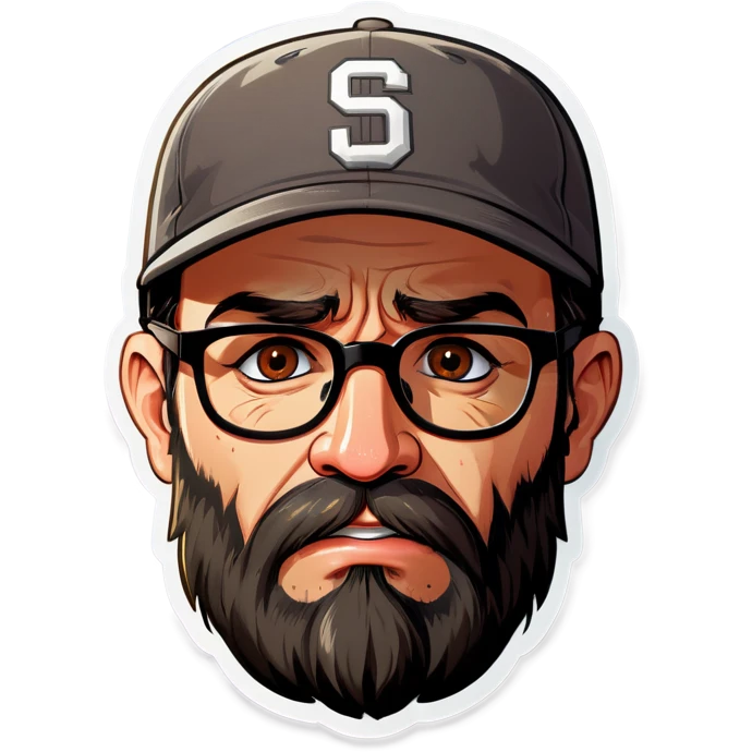 A man with a grey baseball cap, hazel eyes, big dark brown beard and glasses, crying emoji
