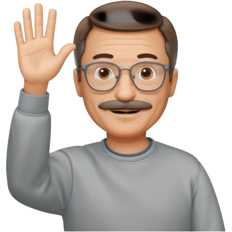 60 yr man partial brown hair parted in center, mustache, light glasses, sweatshirt waving hello emoji