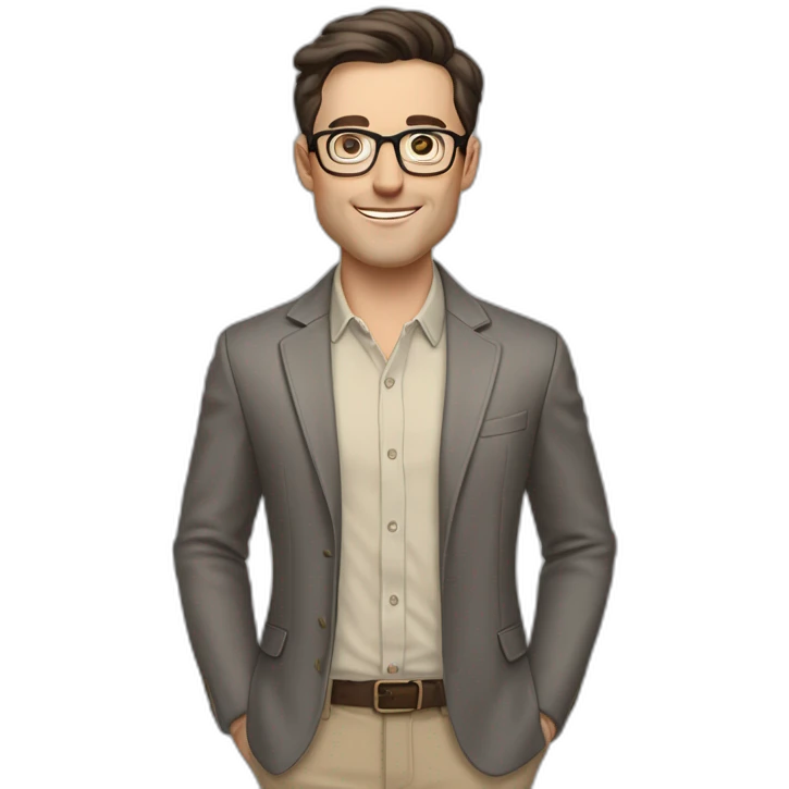 Full height Pale skinned Fit Man With dark brown hair in gray classic jacket, beige office shirt, Brown pants and vintage glasses. Thrumbs of his palms upwards emoji