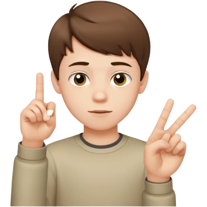 Pale young teenage boy with short brown hair giving middle finger emoji