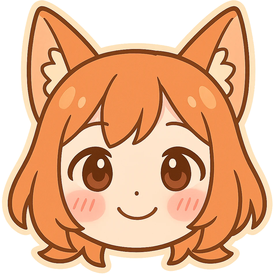 Create a simple emoji focusing on a cute girl's face with fox ears, ginger hair, and blushing cheeks. Make the face round, expressive, and suitable for emoji use with a transparent background. emoji
