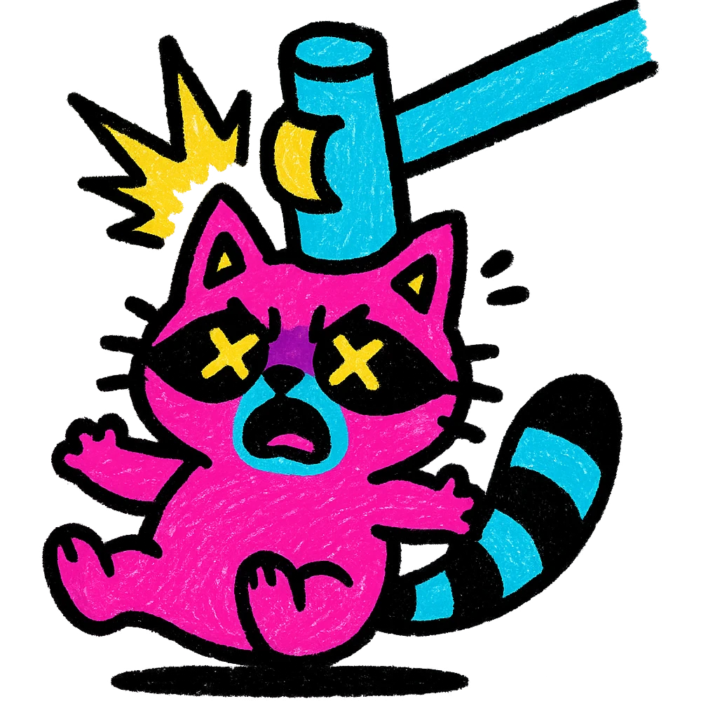 a little raccoon cat being hit by a hammer, dramatic, vibrant colors emoji