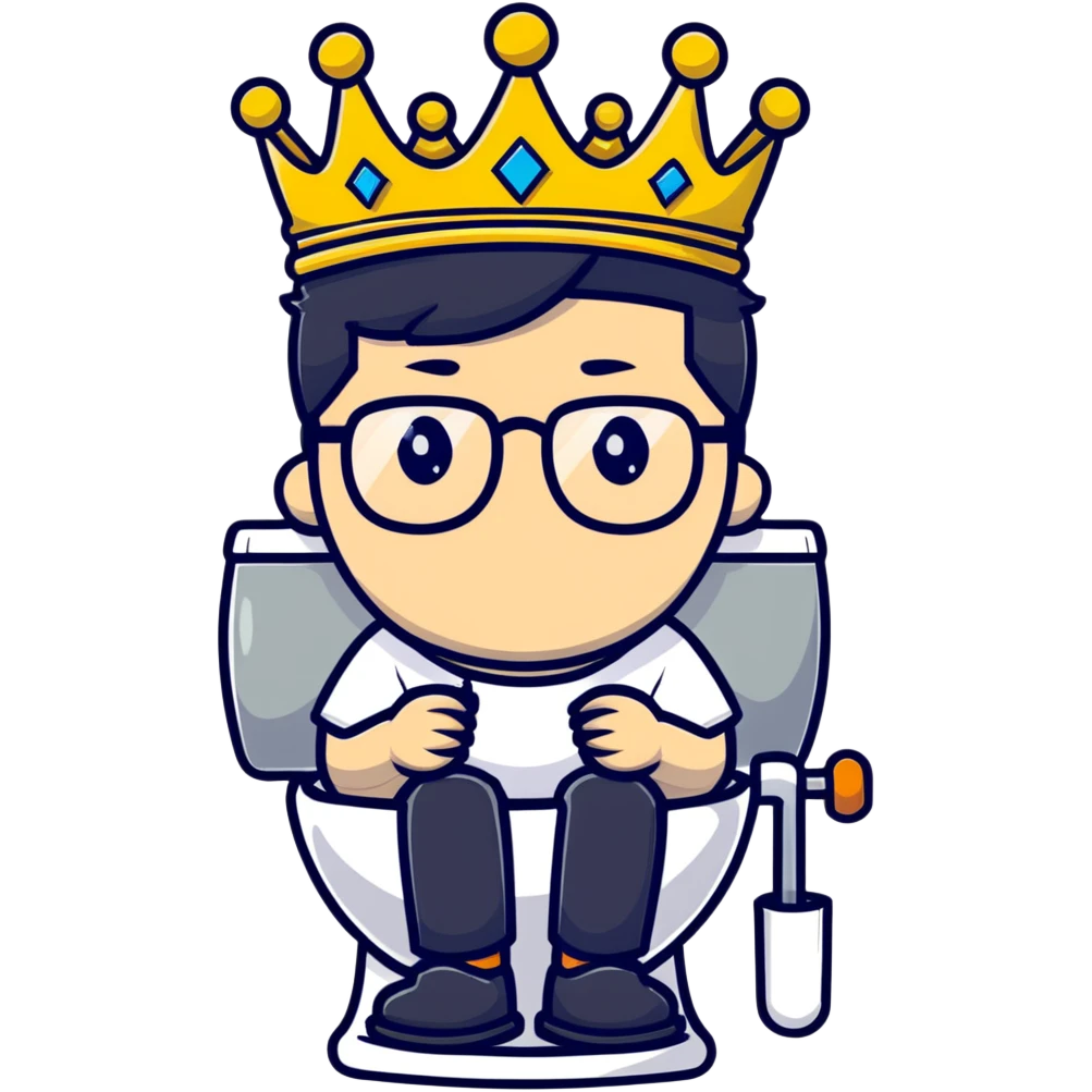 Royal king with crown sitting on a toilet, wearing round glasses and black hair emoji