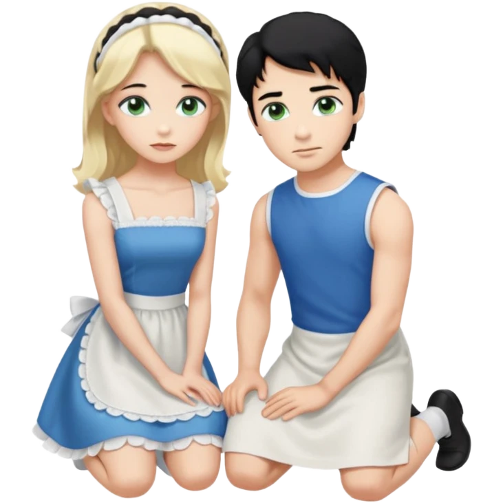 Prince, standing, black hair, blue eyes, and maid, blonde Hair, green eyes, white short sleveless dress, kneeling  emoji