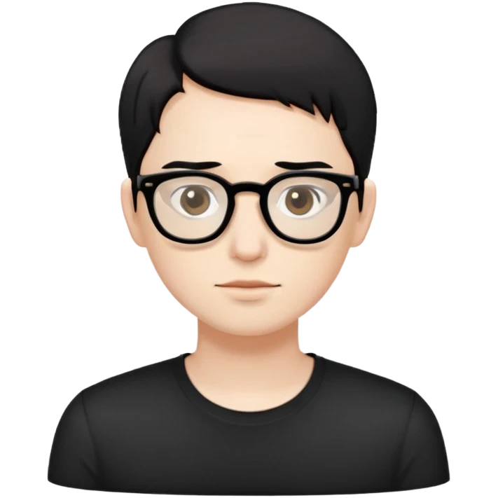 Pale white skin, short black hair, brown eyes, wearing a black shirt, wearing glasses emoji